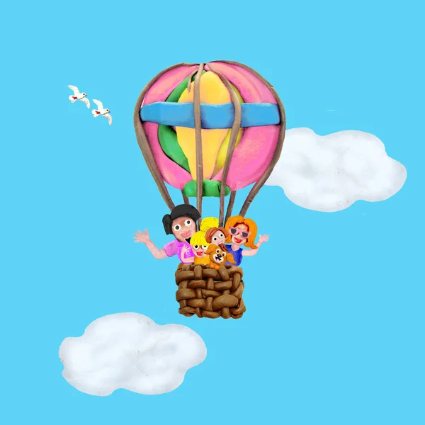 Family ride by air balloon 3D illustration  banner