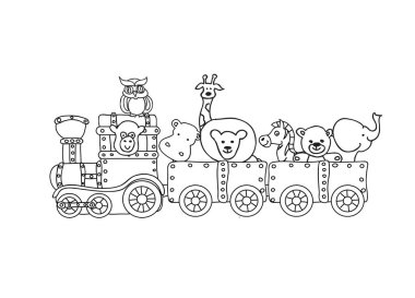 Retro steampunk tren hayvanlar çocuklu beyaz izole sayfa boyama