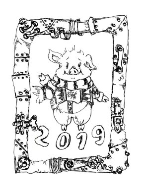Çince 2019 yeni yıl sembolü domuz karikatür chibi karakter steampunk çerçeve poster