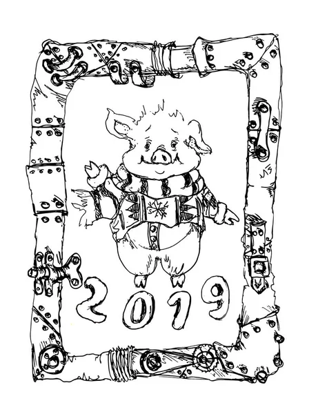 Çince 2019 Yeni Yıl Sembolü Domuz Karikatür Chibi Karakter Steampunk — Stok fotoğraf