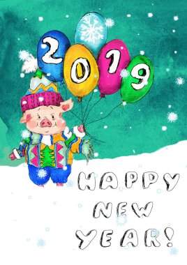 Çince 2019 yeni yıl sembolü domuz karikatür chibi tebrik kartı