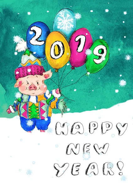 Çince 2019 Yeni Yıl Sembolü Domuz Karikatür Chibi Tebrik Kartı — Stok fotoğraf