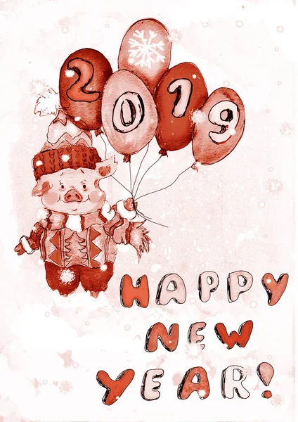 Nyår Kinesiska 2019 Symbol Gris Tecknad Chibi Gratulationskort — Stockfoto