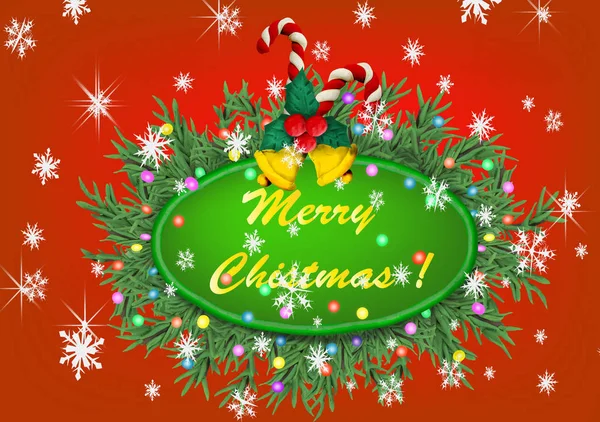 圣诞快乐短信圣诞节3D 松树树枝花圈与铃铛横幅 — 图库照片