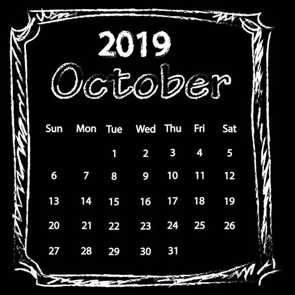 White Chalk Drawing Doodles Frame Calendar 2019 Year Black Board — Stock Vector