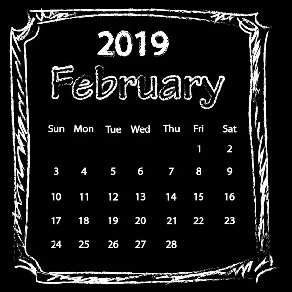 Kreda Biały Rysunek Doodles Ramkę Kalendarza 2019 Roku Czarny Deska — Wektor stockowy