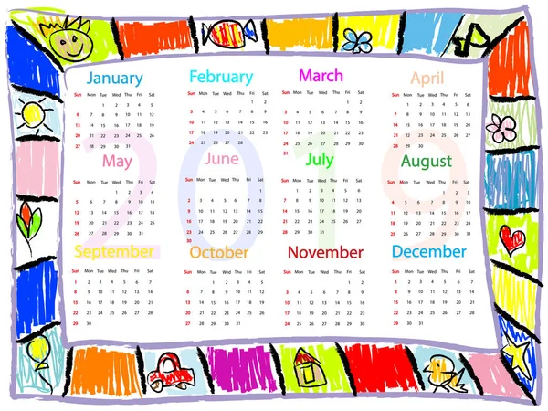 Colorful Chalk Drawing Doodles Frame Children Kids Calendar 2019 Year — Stock Vector