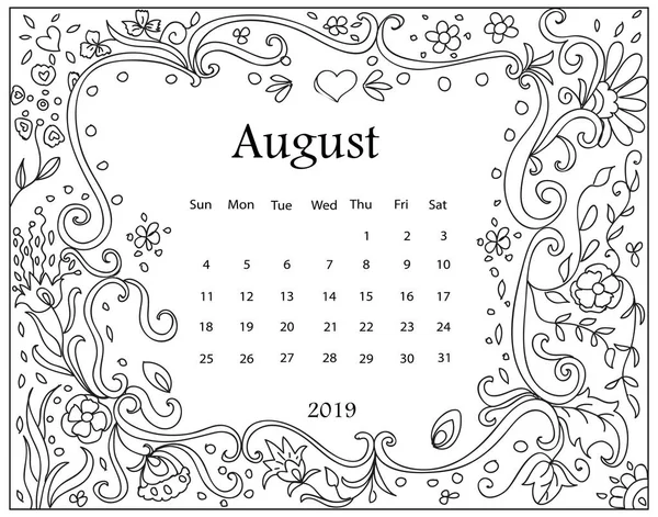Розмальовка Дорослих Місячним Календарем 2019 Року Ізольована Білому Тлі Малювання — стоковий вектор