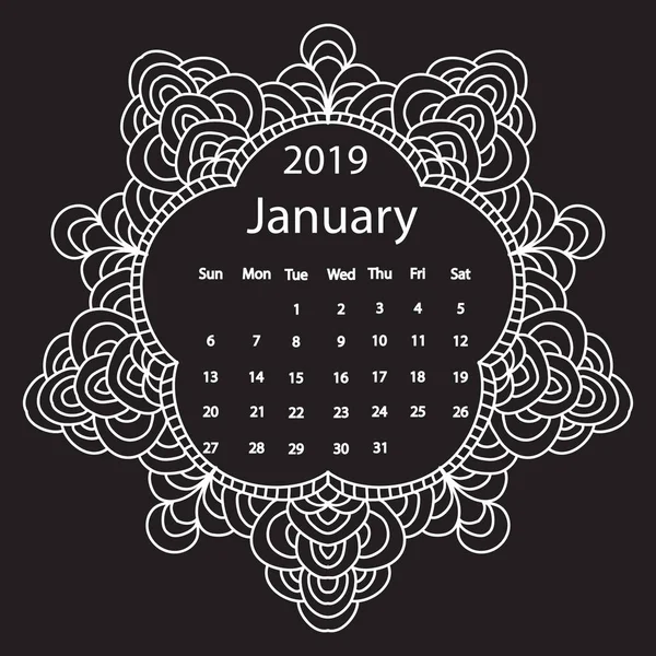 Branco Giz Desenho Mandala Doodles Quadro Calendário Mensal 2019 Ano — Fotografia de Stock