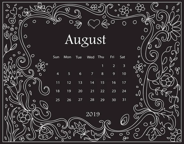 Kreda Biały Rysowania Mandali Doodles Ramki Kalendarz Miesięczny 2019 Roku — Zdjęcie stockowe