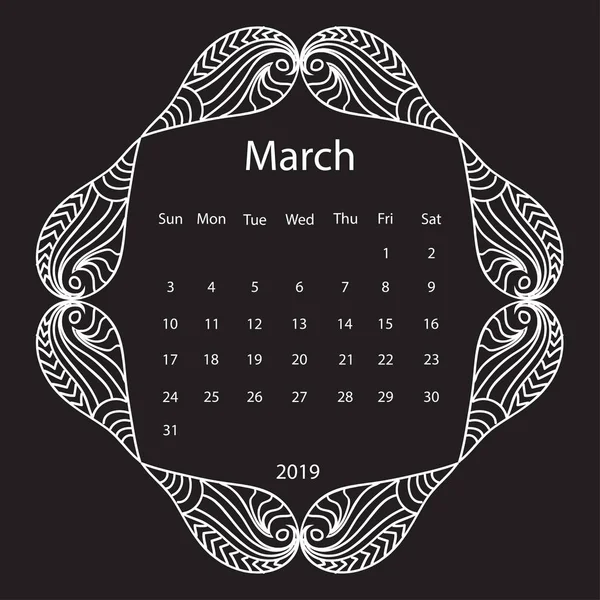 Tiza Blanca Dibujo Mandala Doodles Marco Calendario Mensual 2019 Año — Foto de Stock