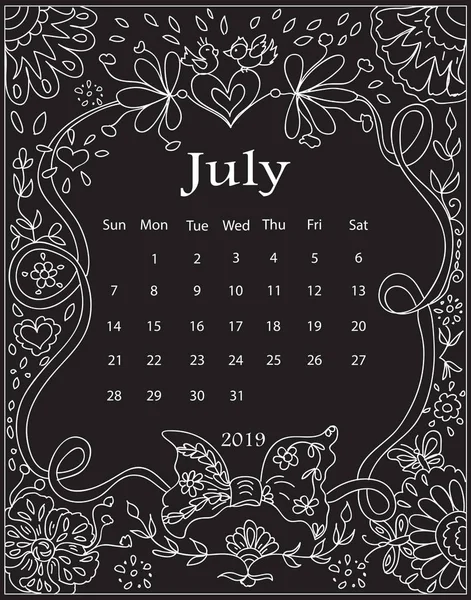 Tiza Blanca Dibujo Mandala Doodles Marco Calendario Mensual 2019 Año — Foto de Stock
