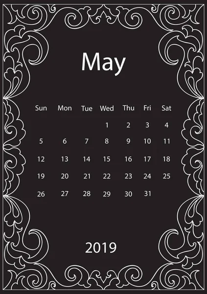 White Chalk Drawing Mandala Doodles Frame Monthly Calendar 2019 Year — Stock Photo, Image