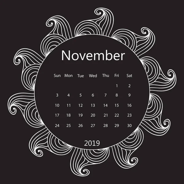 Kreda Biały Rysowania Mandali Doodles Ramki Kalendarz Miesięczny 2019 Roku — Zdjęcie stockowe