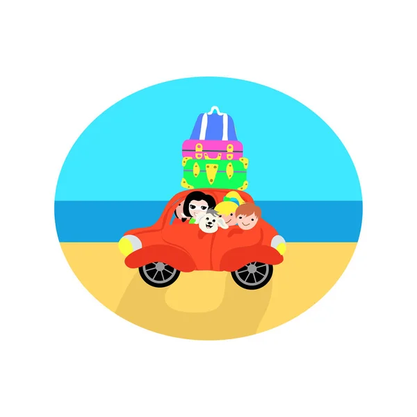 Family Trip Vintage Car Sticker Flat Illustration Isolated White Background — Stock Vector