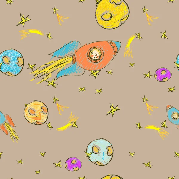 Chalk hand drawn spaceship adventure seamless pattern 