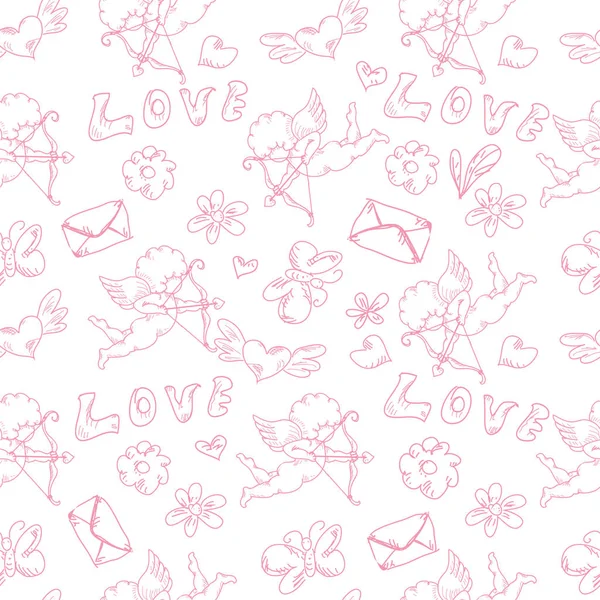 バレンタイン日手の描かれたヴィンテージ モノクロ落書きのシームレスなパターンの分離 — ストックベクタ