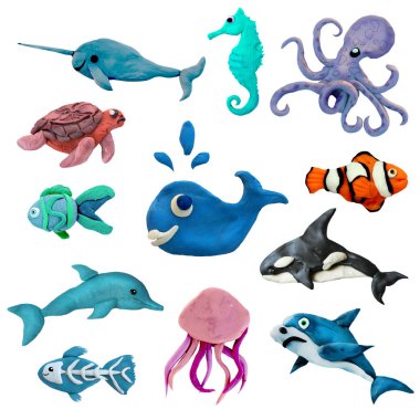 İzole üzerinde beyaz arka plan renkli hamuru 3d deniz hayvanları Icons set