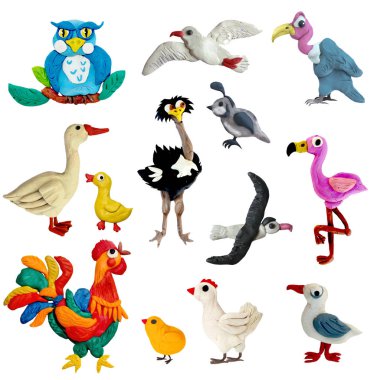 İzole üzerinde beyaz arka plan renkli hamuru 3d kuşlar Icons set