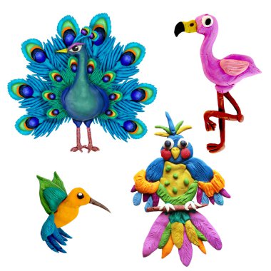 İzole üzerinde beyaz arka plan renkli hamuru 3d kuşlar Icons set