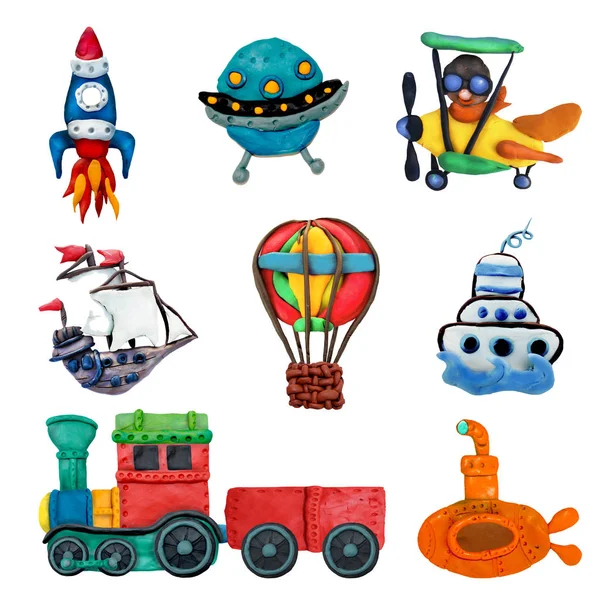 Colorful Plasticine Transport Game Icons Set Isolated White Background — Stock Photo, Image