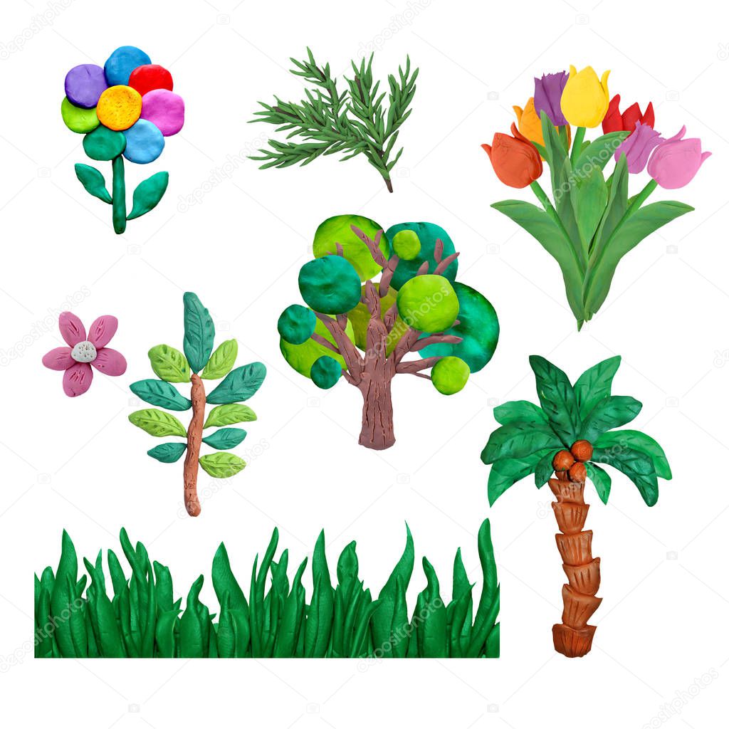 Colorful plasticine 3D trees game  icons set isolated on white background
