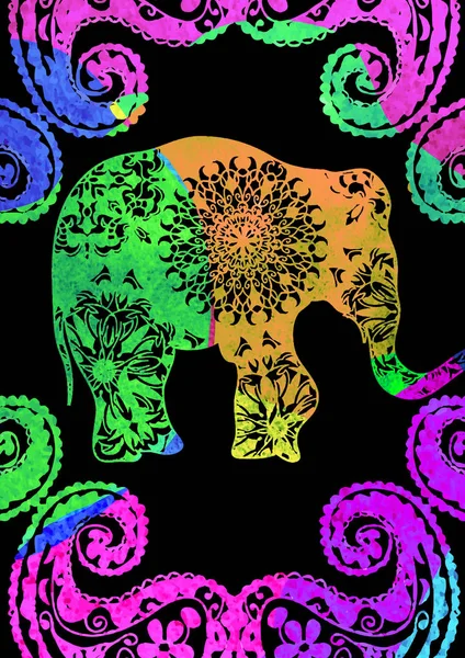 Cartaz Elefante Aquarela Com Padrões Tribais Indianos Ornamento — Fotografia de Stock