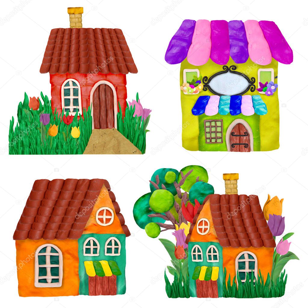 Colorful plasticine 3D houses game  icons set isolated on white background