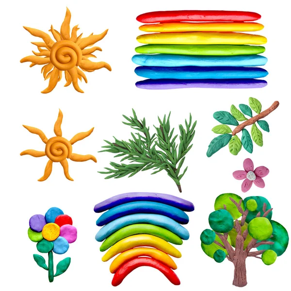 Colorful Plasticine Nature Objects Icons Set Isolated White Background — Stock Photo, Image