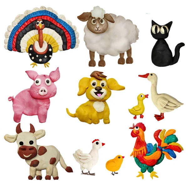 İzole üzerinde beyaz arka plan renkli hamuru 3d çiftlik Hayvanlar Evcil hayvan Icons set