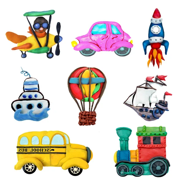 Colorful Plasticine Transport Game Icons Set Isolated White Background — Stock Photo, Image