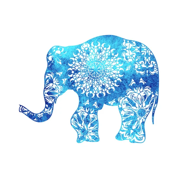 Cartaz Vetorial Elefante Aquarela Com Padrões Tribais Indianos Moldura Ornamento — Vetor de Stock