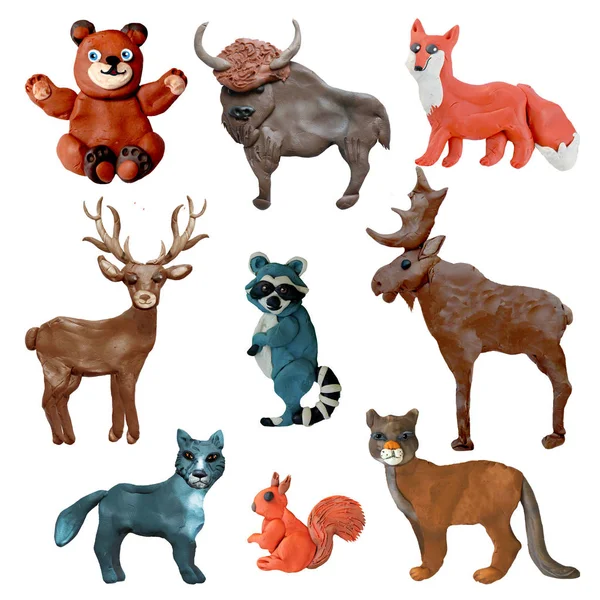 Colorido Plastilina Iconos Animales Del Bosque Conjunto Aislado Sobre Fondo —  Fotos de Stock