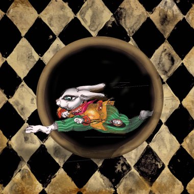 Alice in Wonderland beyaz tavşan suluboya el Grunge vintage sirk afiş çizilmiş karakter