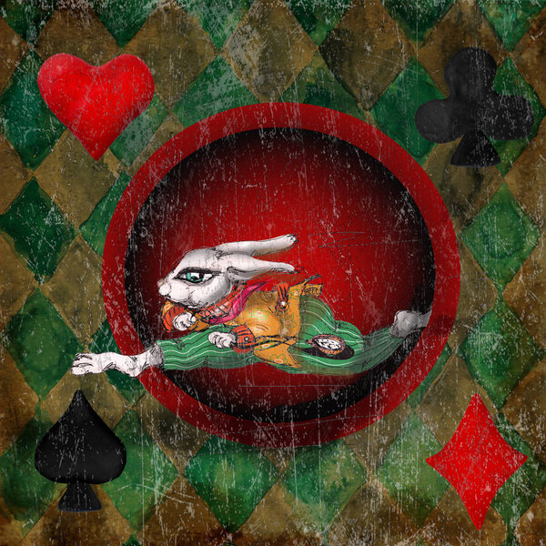 Alice in Wonderland white rabbit Watercolor hand drawn  character on Grunge vintage  circus  banner