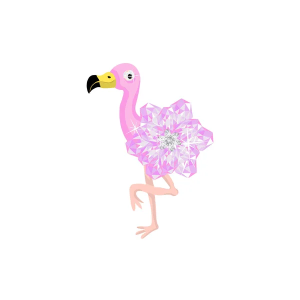 粉红色火烈鸟与钻石宝石水晶身体可爱的矢量平面游戏图标隔离在白色背景 — 图库矢量图片