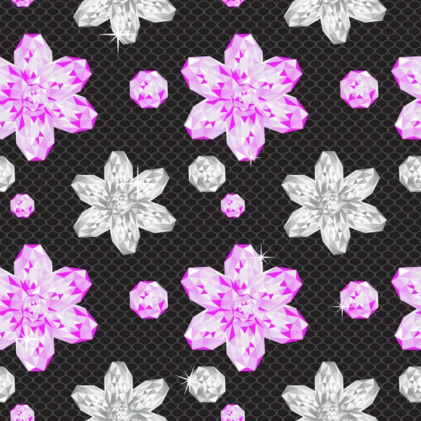 Gems Flowers Lace Net Background Seamless Pattern — Stock Vector