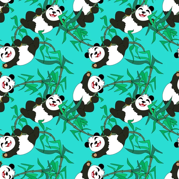 Kawaii Boldog Panda Bambusz Növény Háttér Zökkenőmentes Minta — Stock Vector