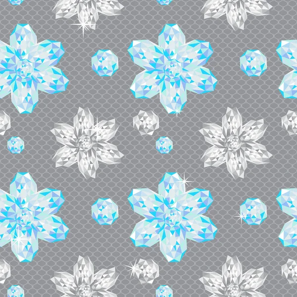 Gems Flowers Lace Net Background Seamless Pattern — Stock Vector