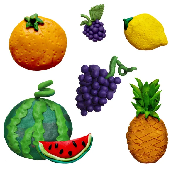 Coloridos Iconos Plastilina Hechos Mano Frutas Vehículos Aislados Sobre Fondo — Foto de Stock