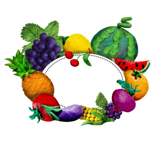Färgglada Plastilina Handgjorda Frukt Och Grönsaker Ram Med Texten Plats — Stockfoto