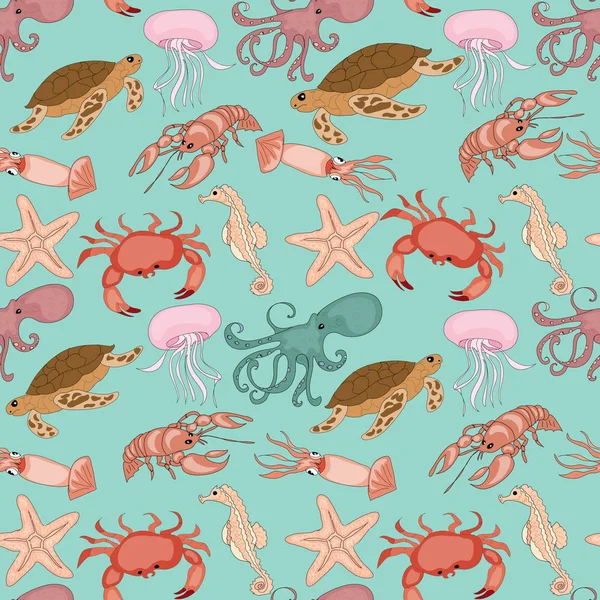 Nautical seamless pattern background with set of sea animals — Stock Photo, Image