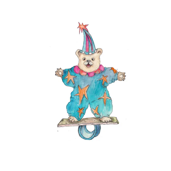 Circo Oso Carácter Vintage Acuarela Dibujo Clipart Ilustración Aislado Blanco —  Fotos de Stock