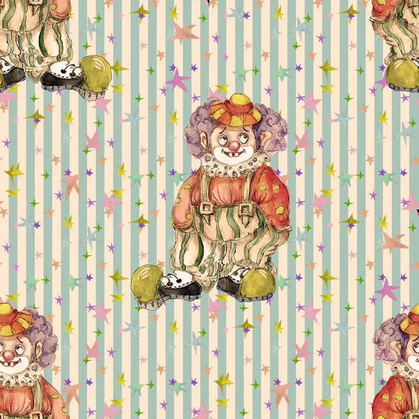 Circus Characters Vintage Watercolor Drawing Seamless Pattern Illustration — Stock Photo, Image