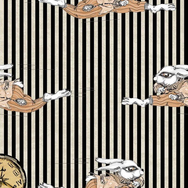 Alice Wonderland Running White Rabbit Seamless Pattern Grunge Vintage Background — Stock Photo, Image