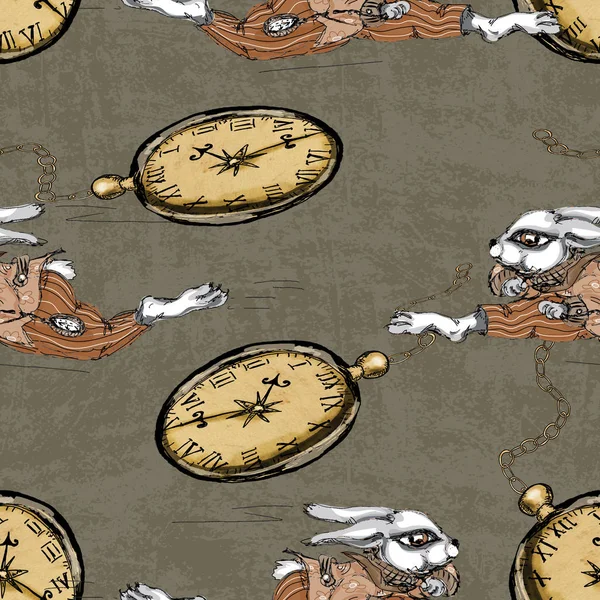 Alice in Wonderland running white rabbit seamless pattern on  Grunge vintage  background