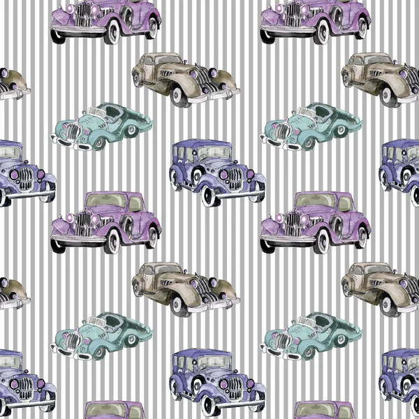 Watercolor Hand Drawn Artistic Colorful Retro Vintage Car Seamless Pattern — Stock Photo, Image
