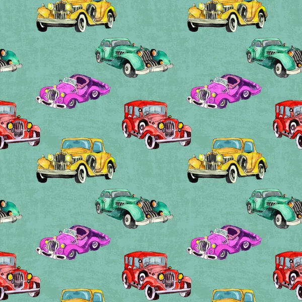 Watercolor Hand Drawn Artistic Colorful Retro Vintage Car Seamless Pattern — Stock Photo, Image