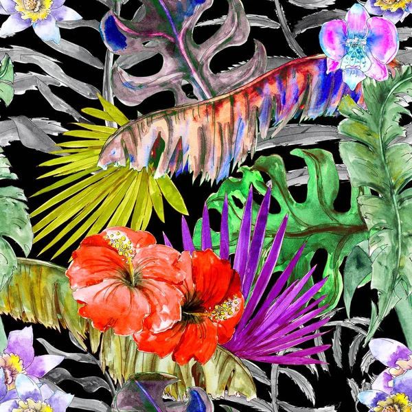 夏威夷热带炮彩水彩手绘制无缝图案与植物和鸟类 — 图库照片