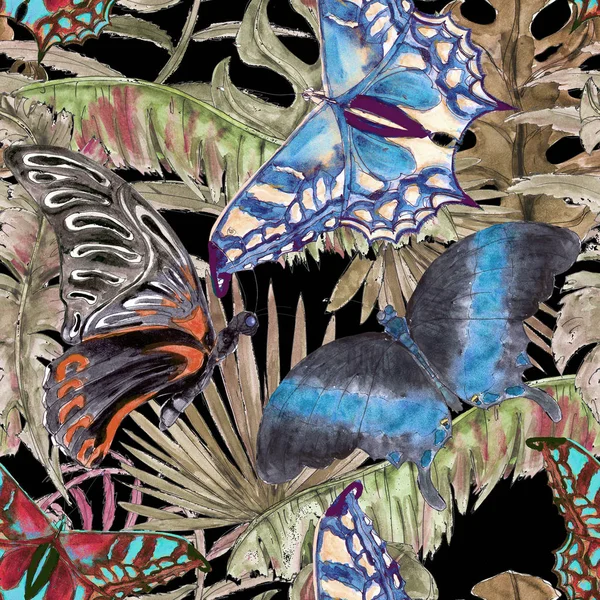 夏威夷热带丛林五颜六色的水彩手画无缝图案与植物和蝴蝶 — 图库照片